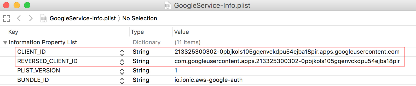  ionic AWS Google oauth client id and reverse id