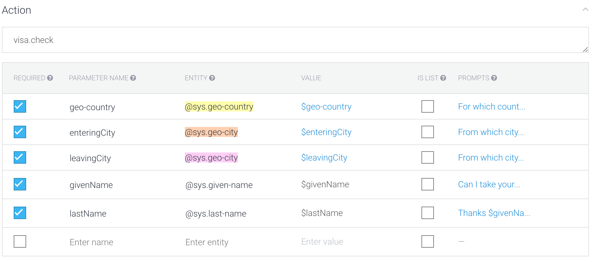 ionic artificial intelligence API.AI Dialogflow parameters