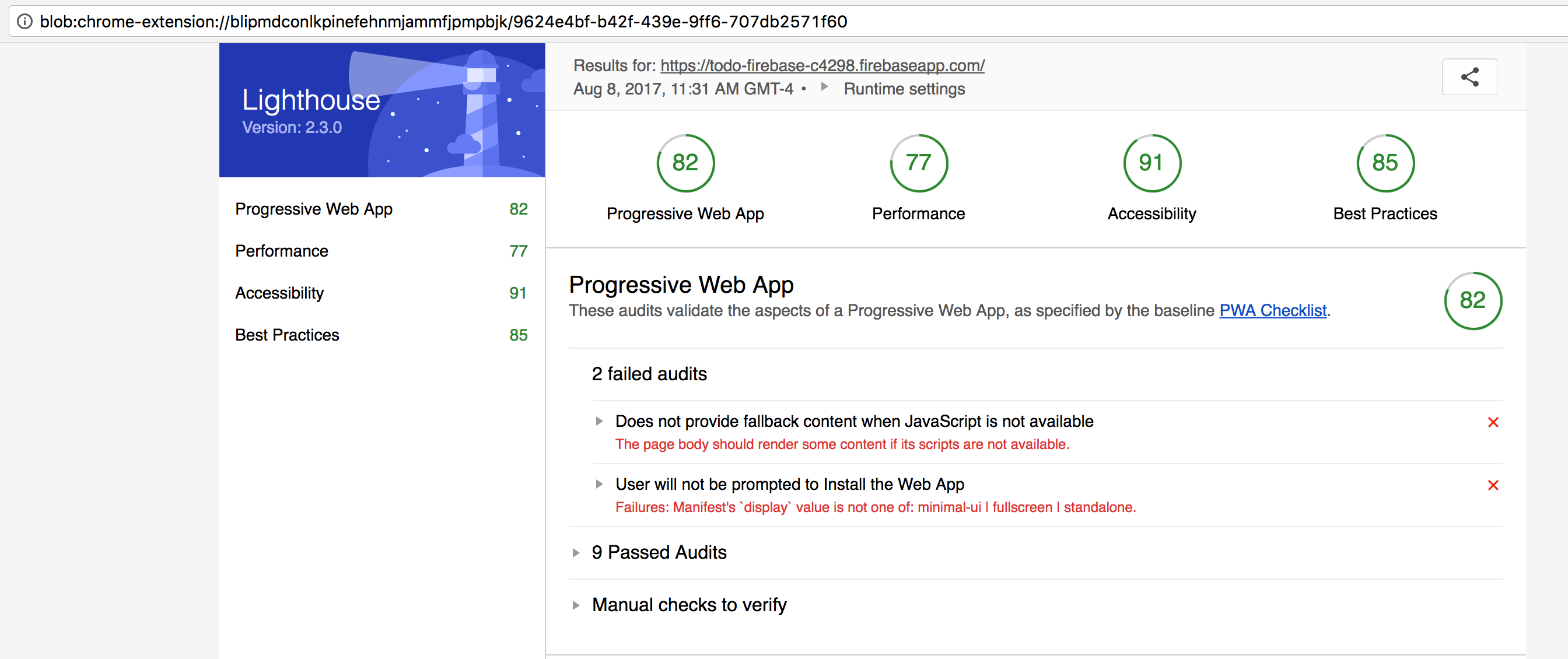 ionic pwa configuration manifest lighthouse result